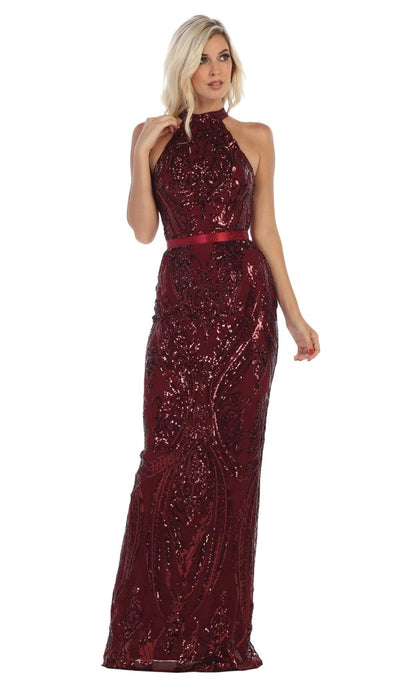 May Queen - RQ7696 Embellished High Halter Sheath Dress Special Occasion Dress 2 / Burgundy