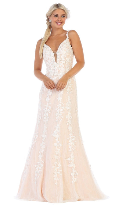 May Queen - RQ7697 Two Tone Lace Deep V-neck Trumpet Dress Special Occasion Dress 4 / Ivory/Nude