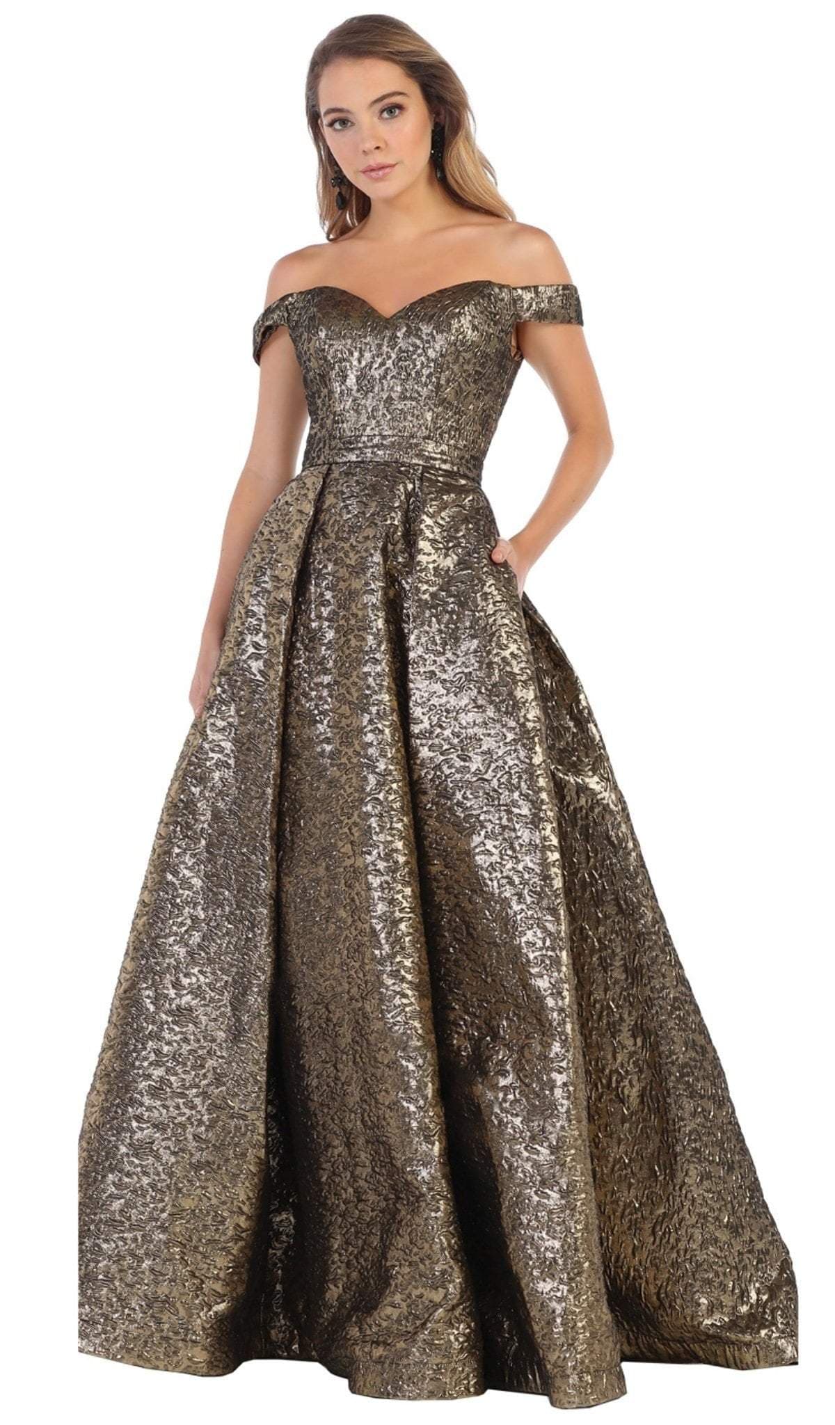 May Queen - RQ7704 Off-Shoulder Ballgown with Train Ball Gowns 4 / Bronze