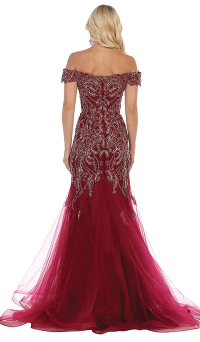 May Queen - RQ7705 Foliage Appliqued Plunging Off Shoulder Gown Evening Dresses