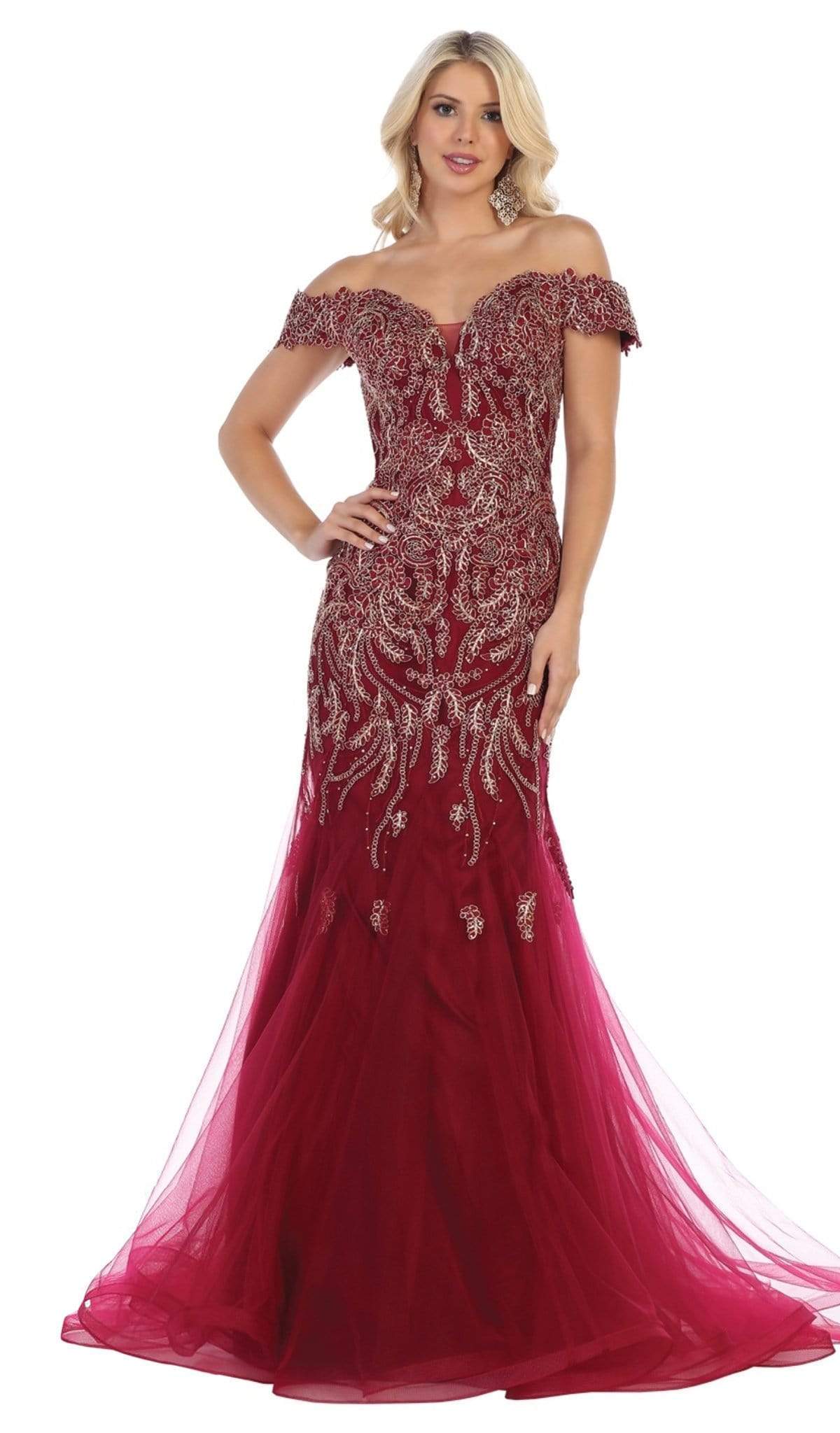 May Queen - RQ7705 Foliage Appliqued Plunging Off Shoulder Gown Evening Dresses 4 / Burgundy