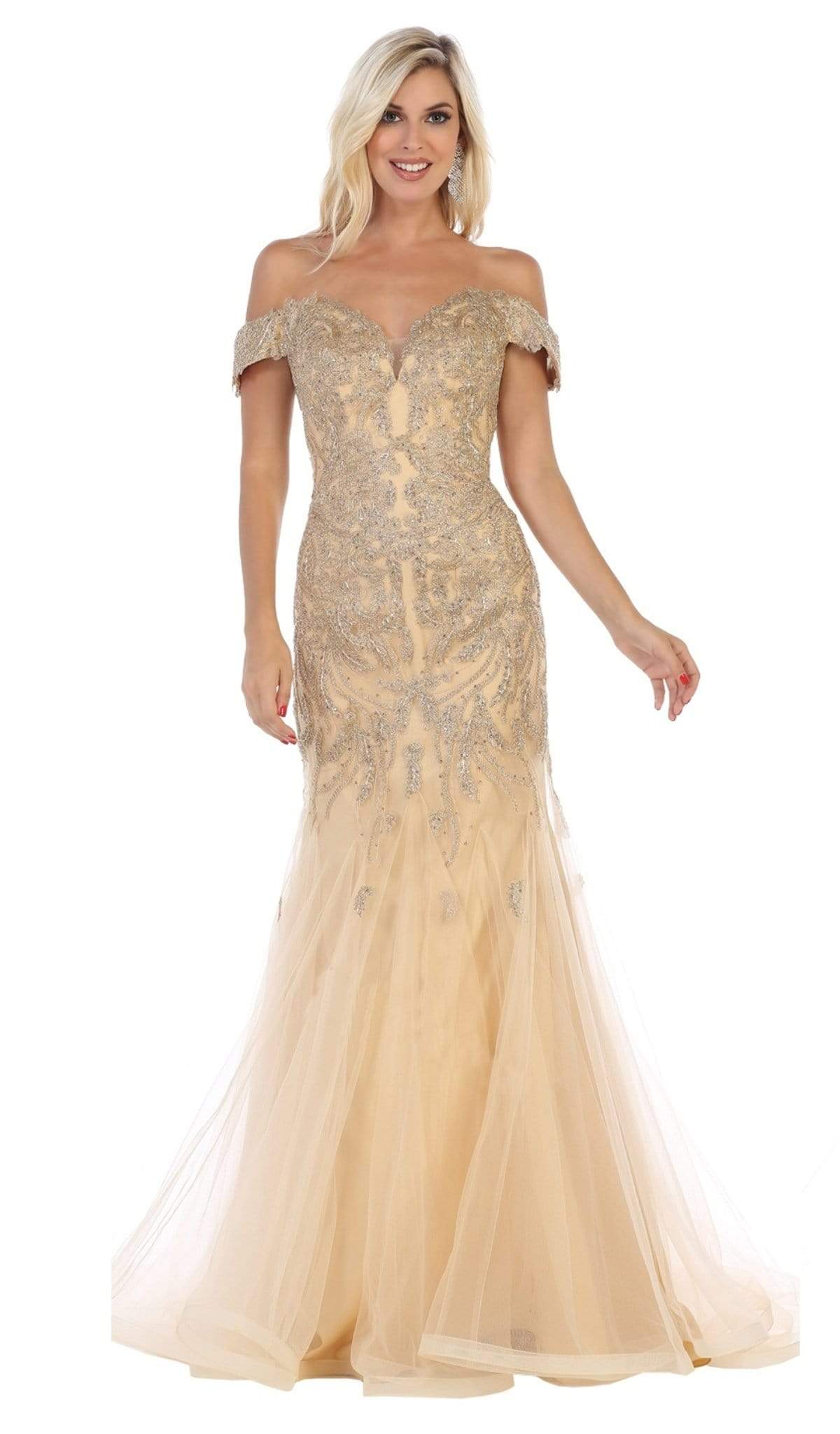 May Queen - RQ7705 Foliage Appliqued Plunging Off Shoulder Gown Evening Dresses 4 / Gold