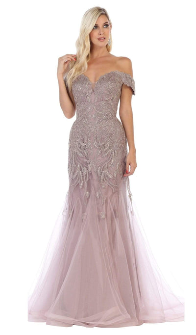 May Queen - RQ7705 Foliage Appliqued Plunging Off Shoulder Gown Evening Dresses 4 / Mauve
