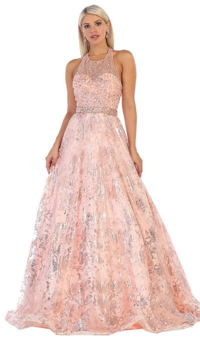 May Queen - RQ7707 Embellished Halter Neck Ballgown With Open Back Special Occasion Dress 4 / Blush