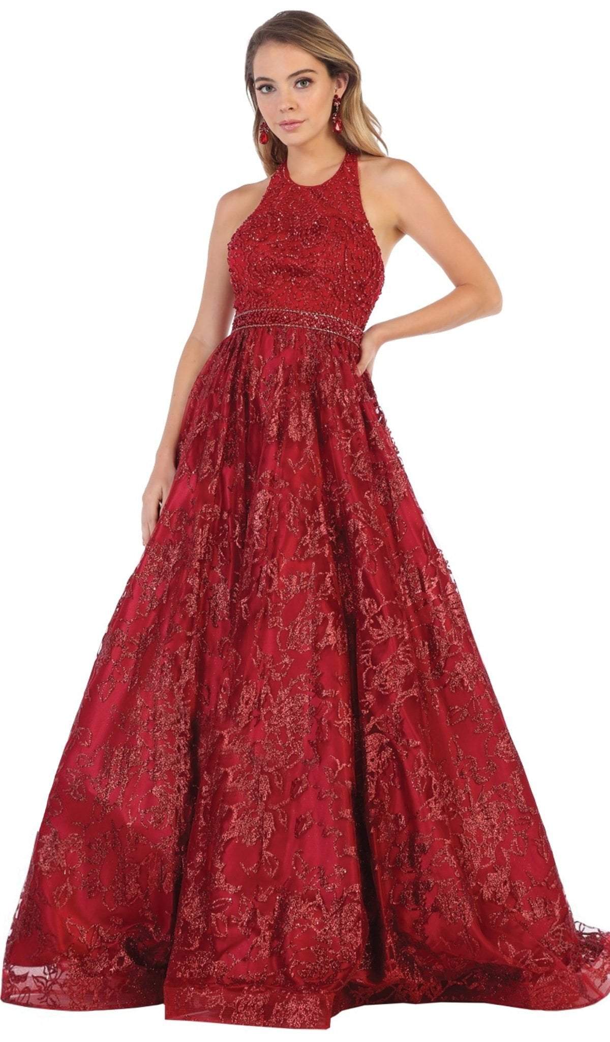 May Queen - RQ7707 Embellished Halter Neck Ballgown With Open Back Special Occasion Dress 4 / Burgundy