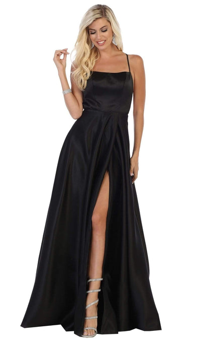 May Queen - RQ7711 Sleeveless Square Neck Tie String Back Satin Gown Bridesmaid Dresses 2 / Black