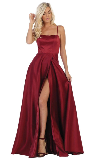 May Queen - RQ7711 Sleeveless Square Neck Tie String Back Satin Gown Bridesmaid Dresses 2 / Burgundy