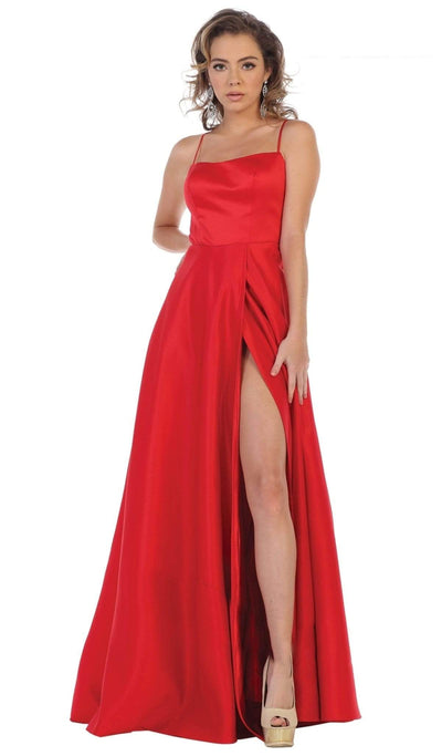 May Queen - RQ7711 Sleeveless Square Neck Tie String Back Satin Gown Bridesmaid Dresses 2 / Red
