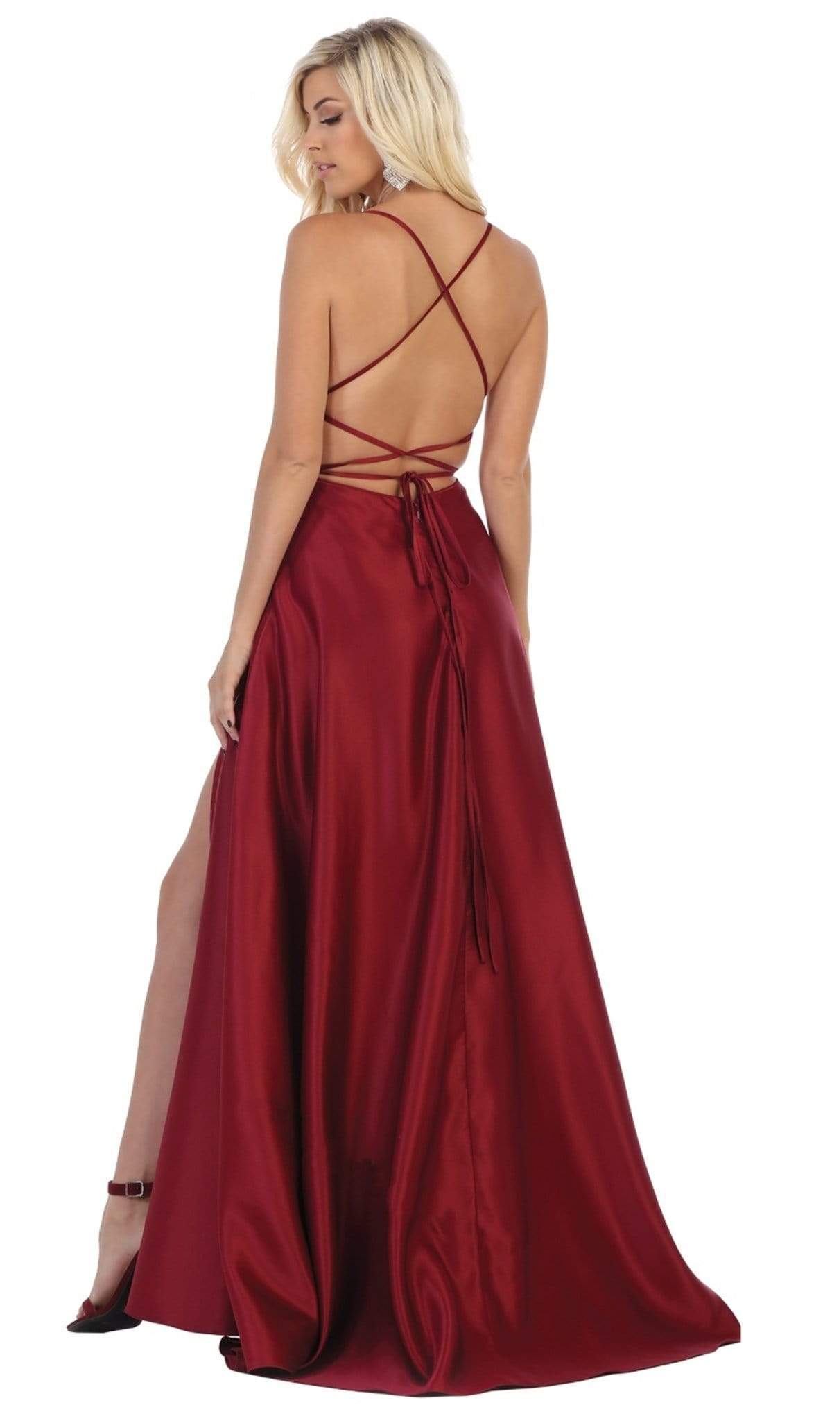May Queen - RQ7711 Sleeveless Square Neck Tie String Back Satin Gown Bridesmaid Dresses