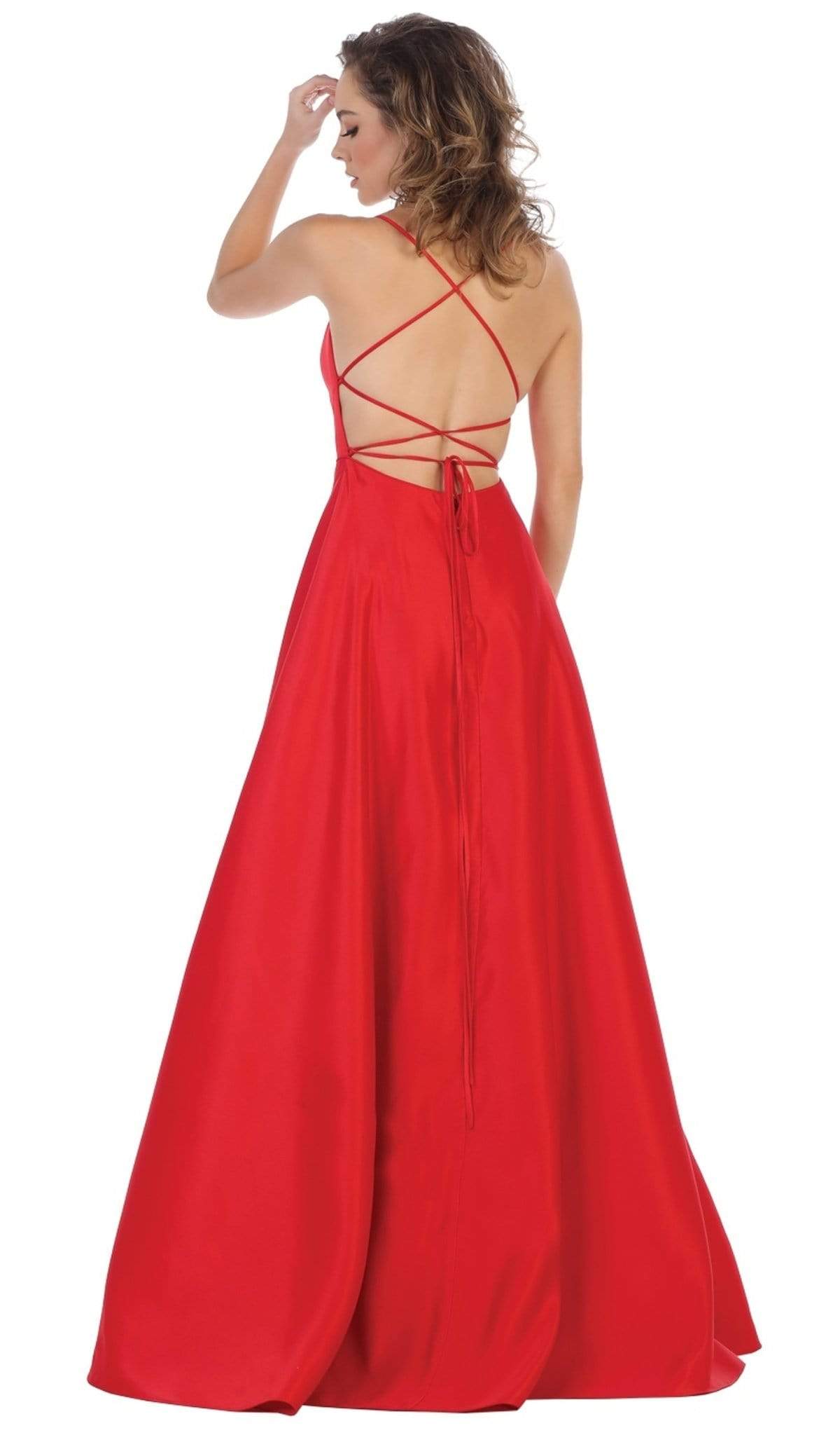 May Queen - RQ7711 Sleeveless Square Neck Tie String Back Satin Gown Bridesmaid Dresses