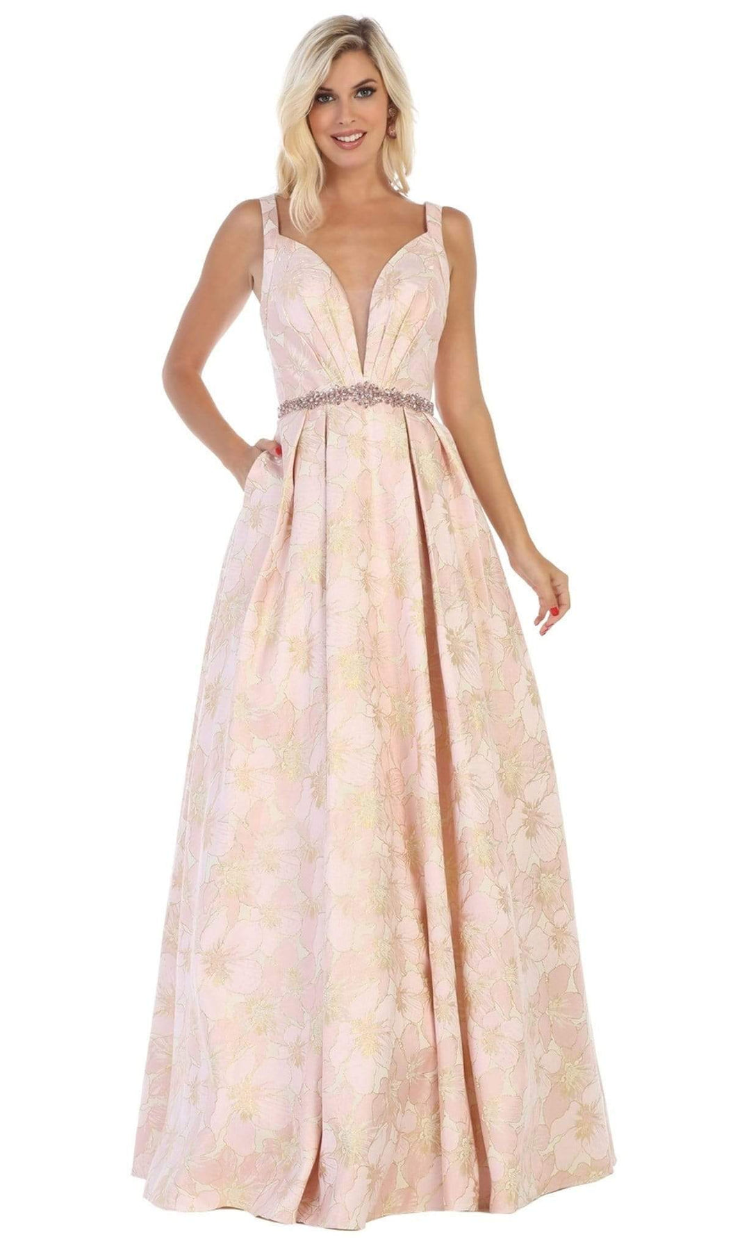May Queen - RQ7715 Pleated V-Neck A-Line Evening Gown Special Occasion Dress 4 / Pink