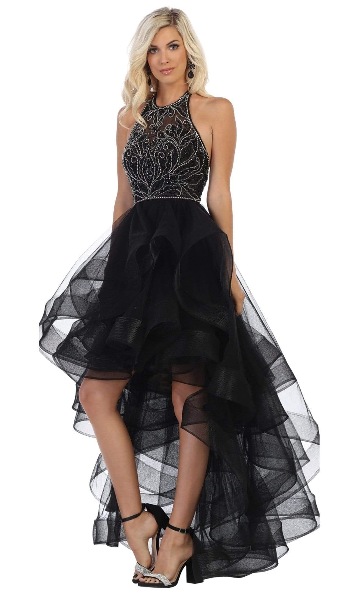 May Queen - RQ7717 Jeweled Illusion Halter High Low Gown Special Occasion Dress 2 / Black