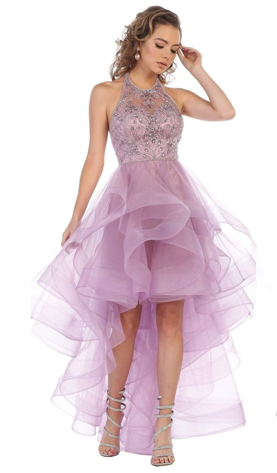 May Queen - RQ7717 Jeweled Illusion Halter High Low Gown Special Occasion Dress 2 / Mauve