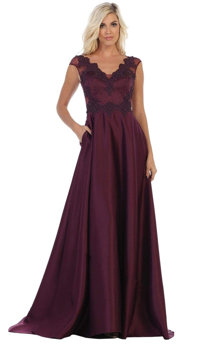 May Queen - RQ7723 Beaded Lace A-Line Evening Gown Special Occasion Dress 4 / Eggplant