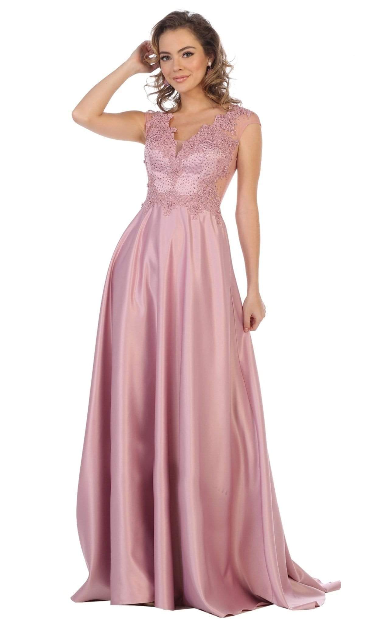 May Queen - RQ7723 Beaded Lace A-Line Evening Gown Special Occasion Dress 4 / Mauve