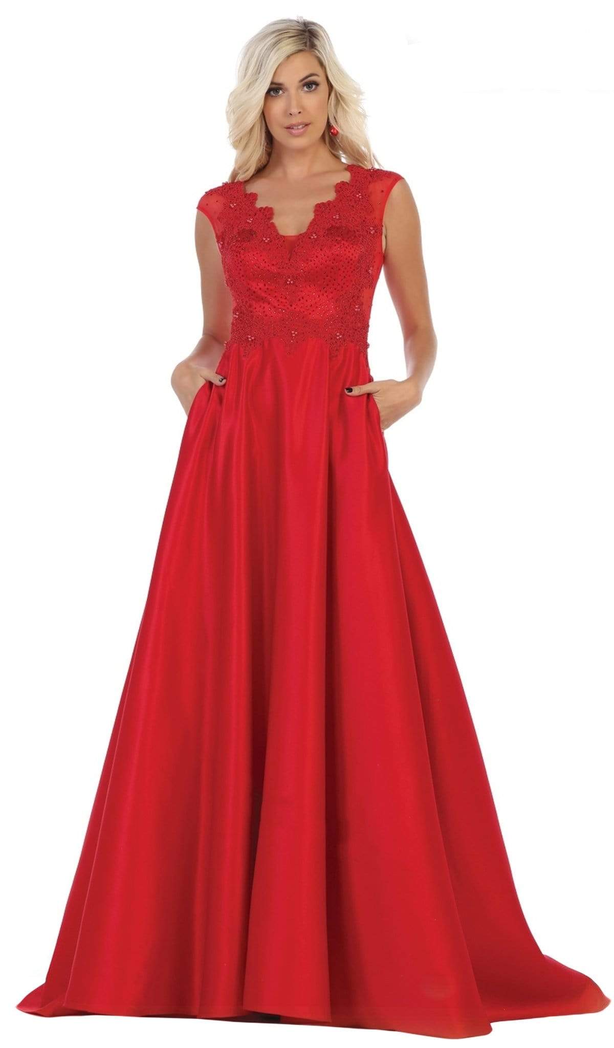 May Queen - RQ7723 Beaded Lace A-Line Evening Gown Special Occasion Dress 4 / Red