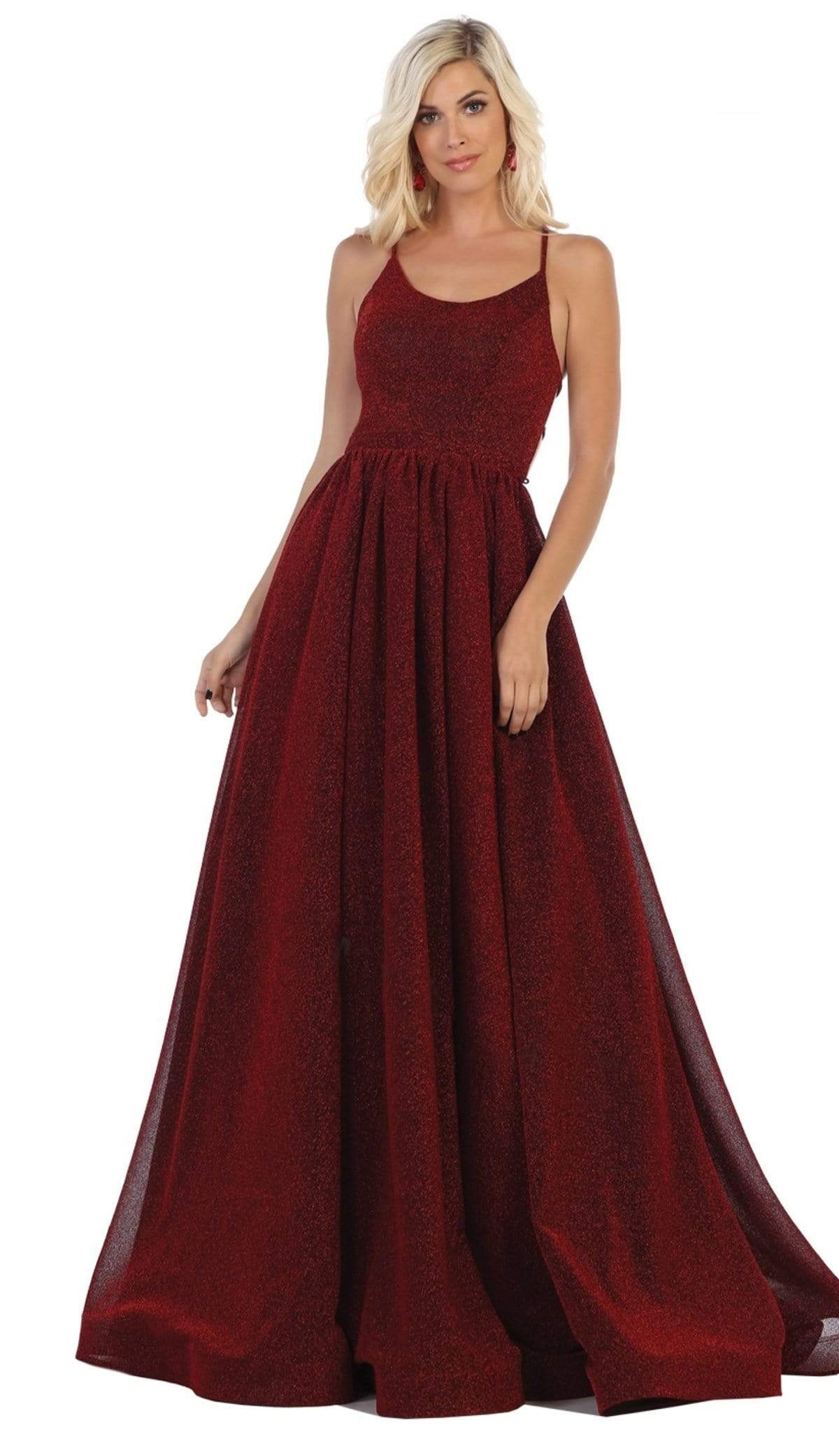 May Queen - RQ7724 Crisscross Strapped Back Ballgown Special Occasion Dress 2 / Burgundy/Multi