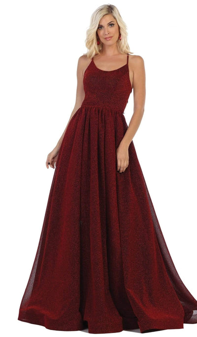 May Queen - RQ7724 Crisscross Strapped Back Ballgown Special Occasion Dress 2 / Burgundy/Multi