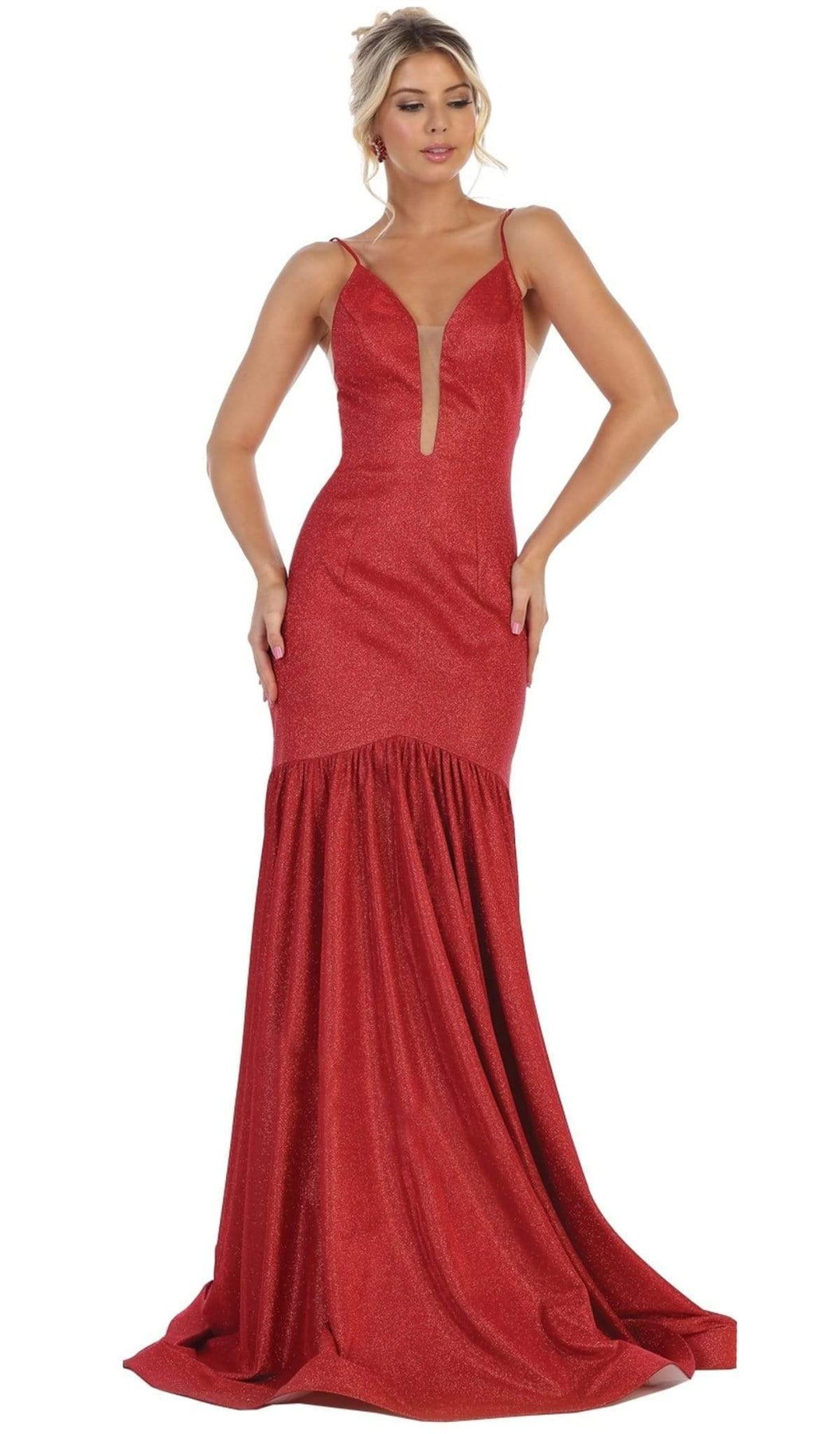 May Queen - RQ7725 Plunging V-Neck Fitted Trumpet Gown Special Occasion Dress 4 / Red/Multi