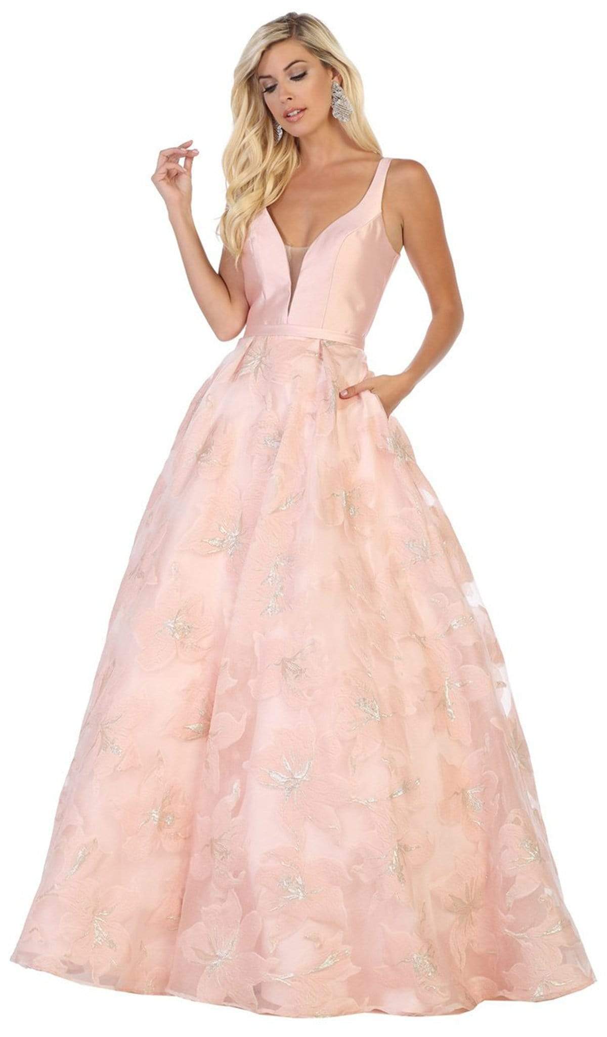 May Queen - RQ7730 Plunging V-Neck Floral Ballgown Special Occasion Dress 4 / Blush