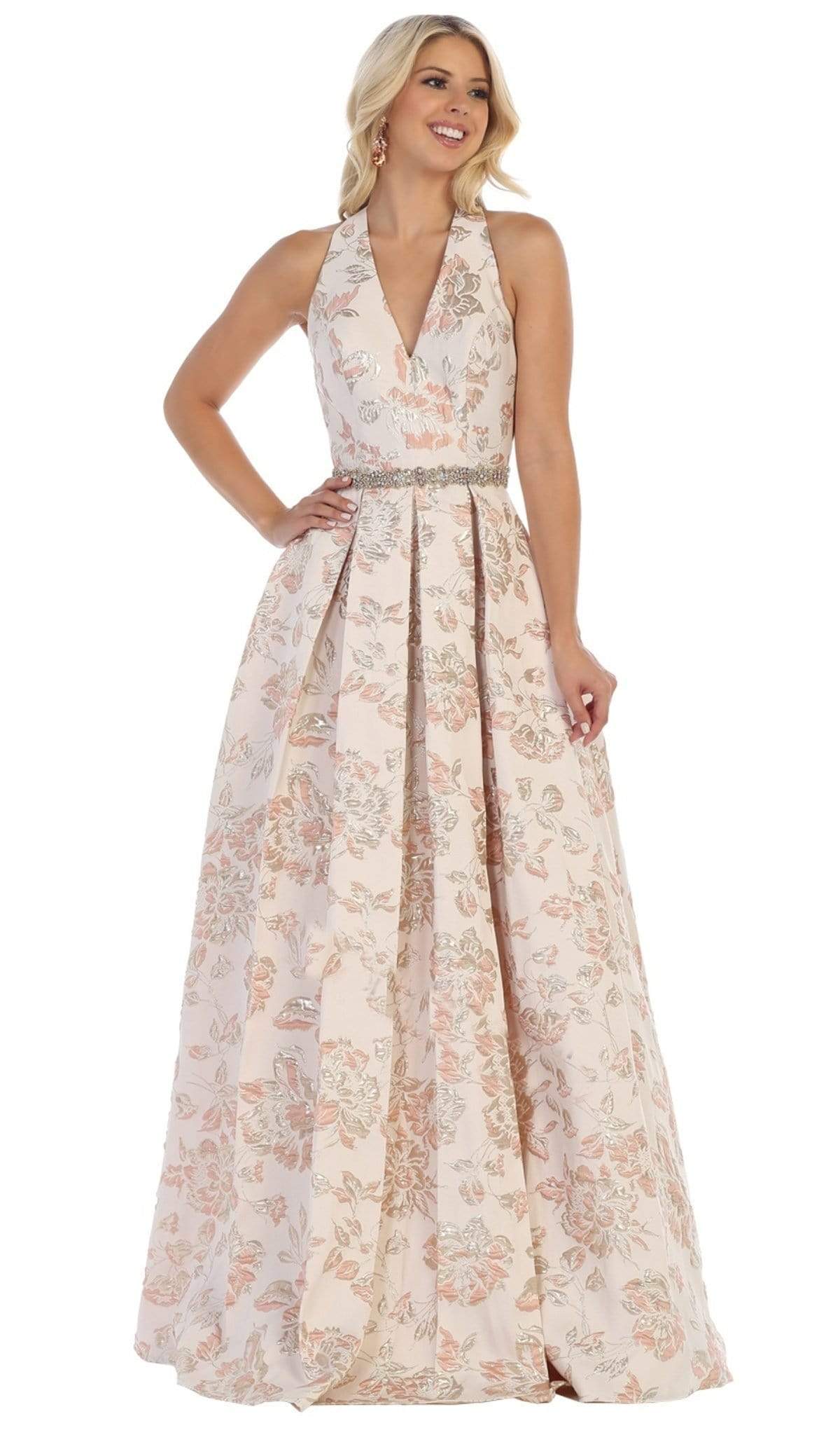 May Queen - RQ7731 Floral Detailed Halter V-neck A-line Dress Special Occasion Dress 2 / Dusty-Rose