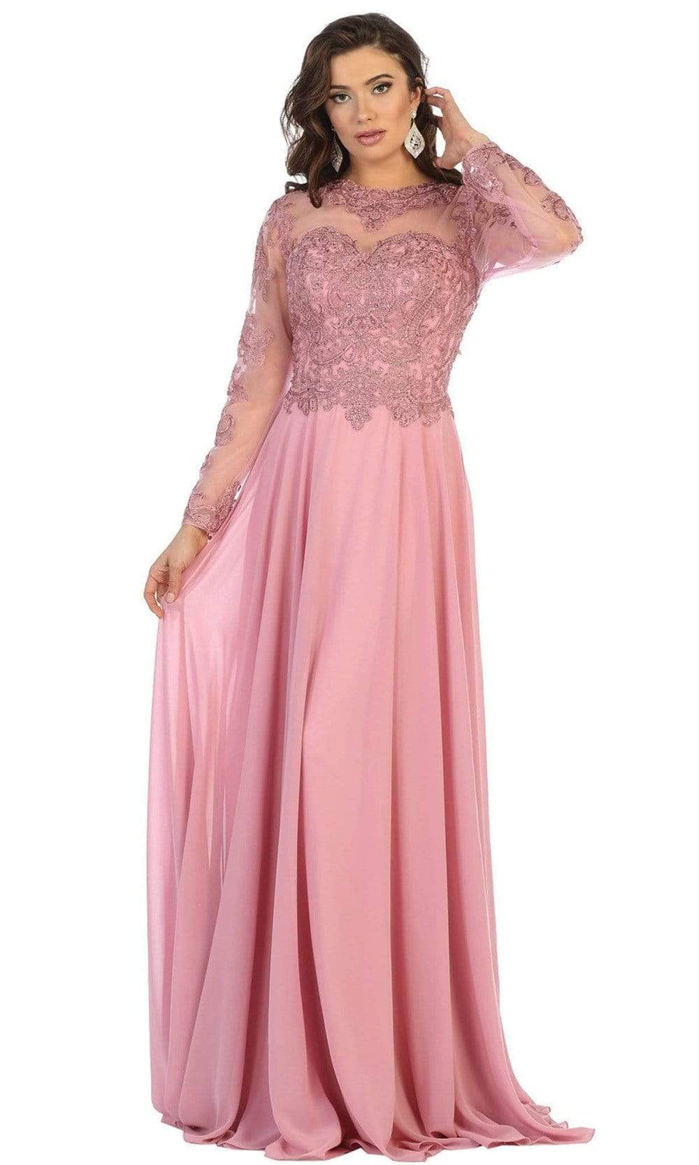 May Queen - RQ7732 Embroidered Long Sleeve Bateau A-line Dress Special Occasion Dress M / Dusty-Rose