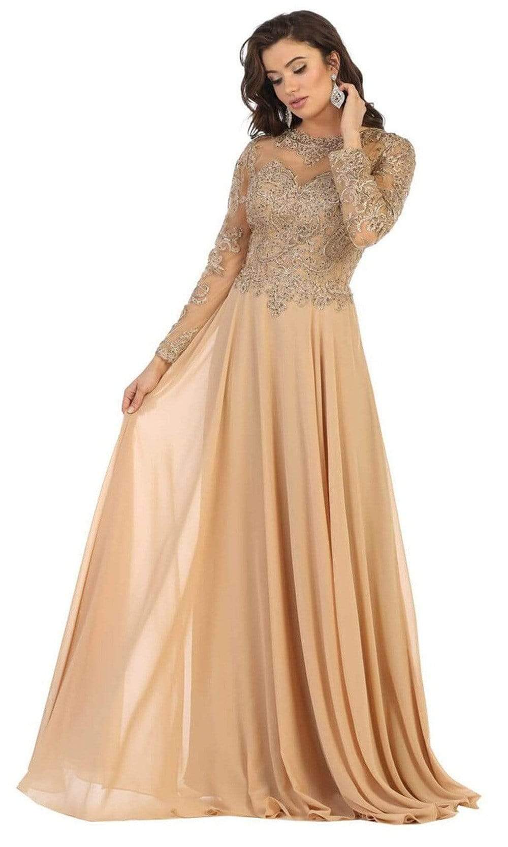 May Queen - RQ7732 Embroidered Long Sleeve Bateau A-line Dress Special Occasion Dress M / Gold