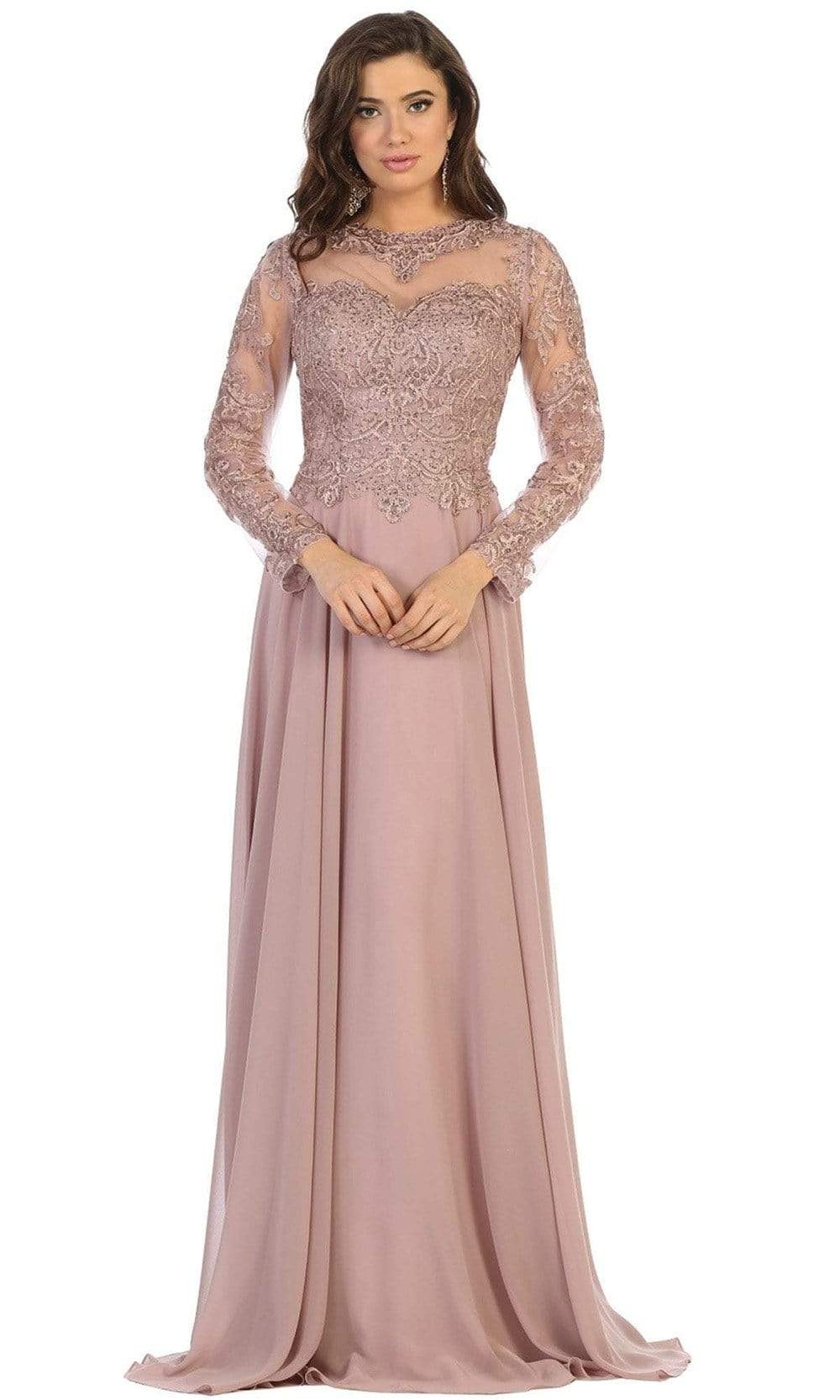 May Queen - RQ7732 Embroidered Long Sleeve Bateau A-line Dress Special Occasion Dress M / Mauve
