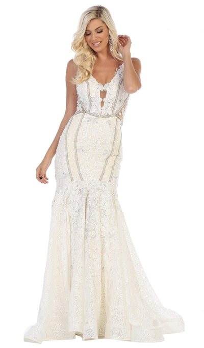 May Queen - RQ7735 Floral Lace Deep V-neck Mermaid Dress Special Occasion Dress 4 / Ivory