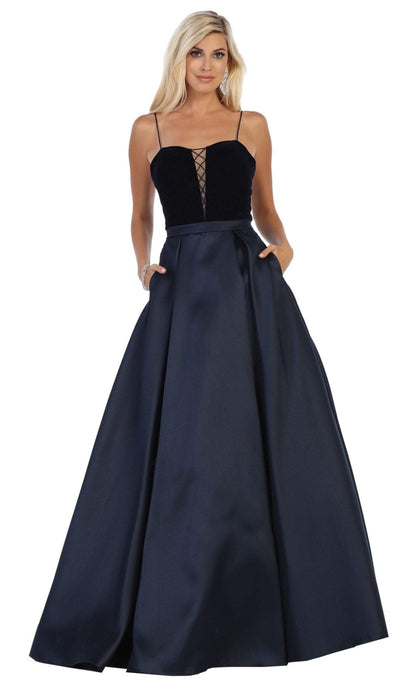 May Queen - RQ7742 Sleeveless Lace Up Front Pleated Ballgown Ball Gowns 4 / Navy