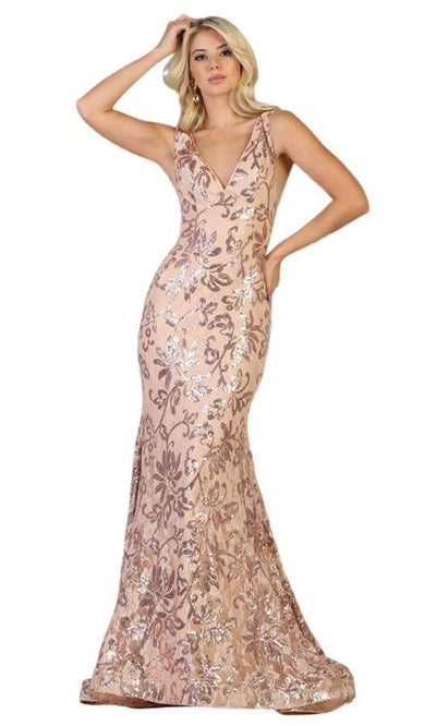 May Queen - Sequin-Ornate Long Mermaid Gown RQ7746 In Pink and Gold