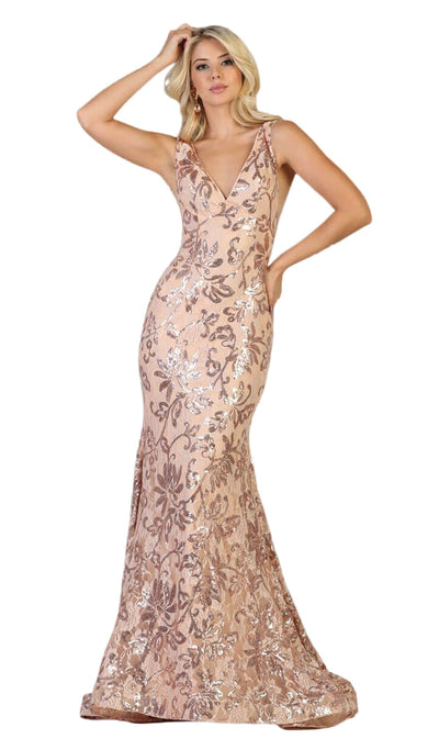 May Queen - RQ7746 Floral Sequined V-Neck Mermaid Gown Special Occasion Dress 4 / Gold/Dusty Rose