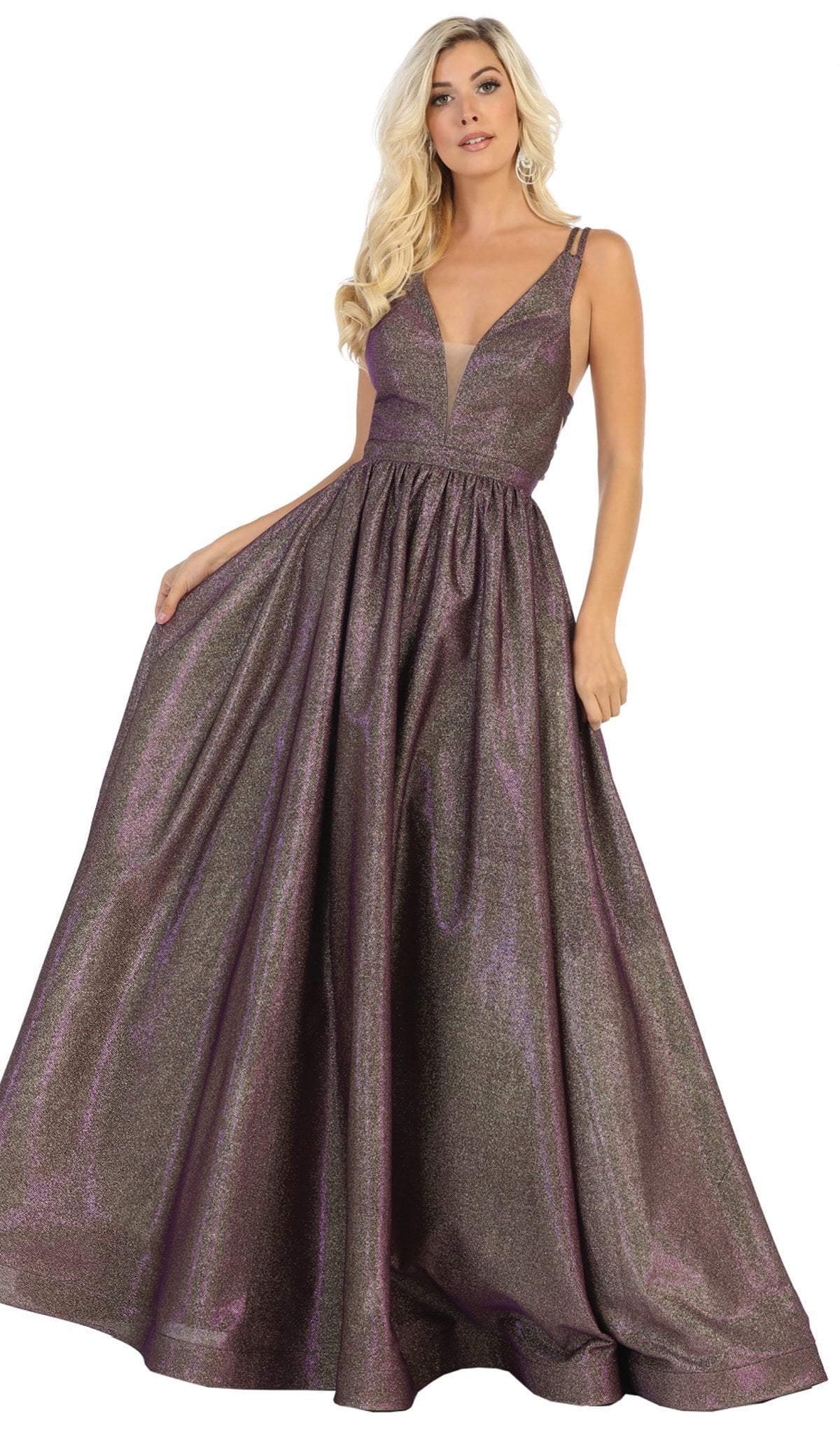 May Queen - RQ7748 Strappy Plunging V-Neck Dress Evening Dresses 2 / Purple