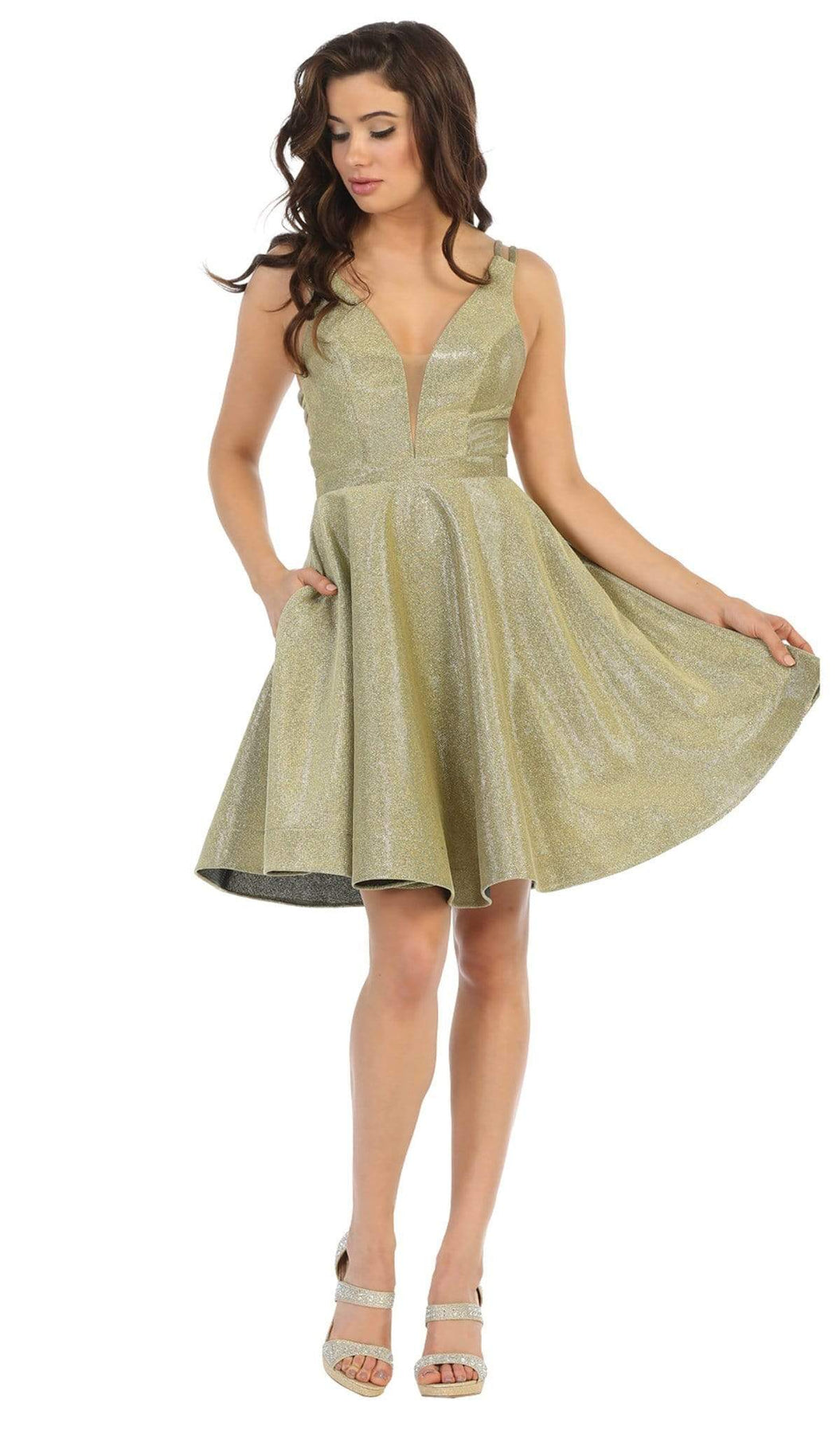 May Queen - RQ7749 Strappy Plunging V-Neck Cocktail Dress Cocktail Dresses 2 / Gold