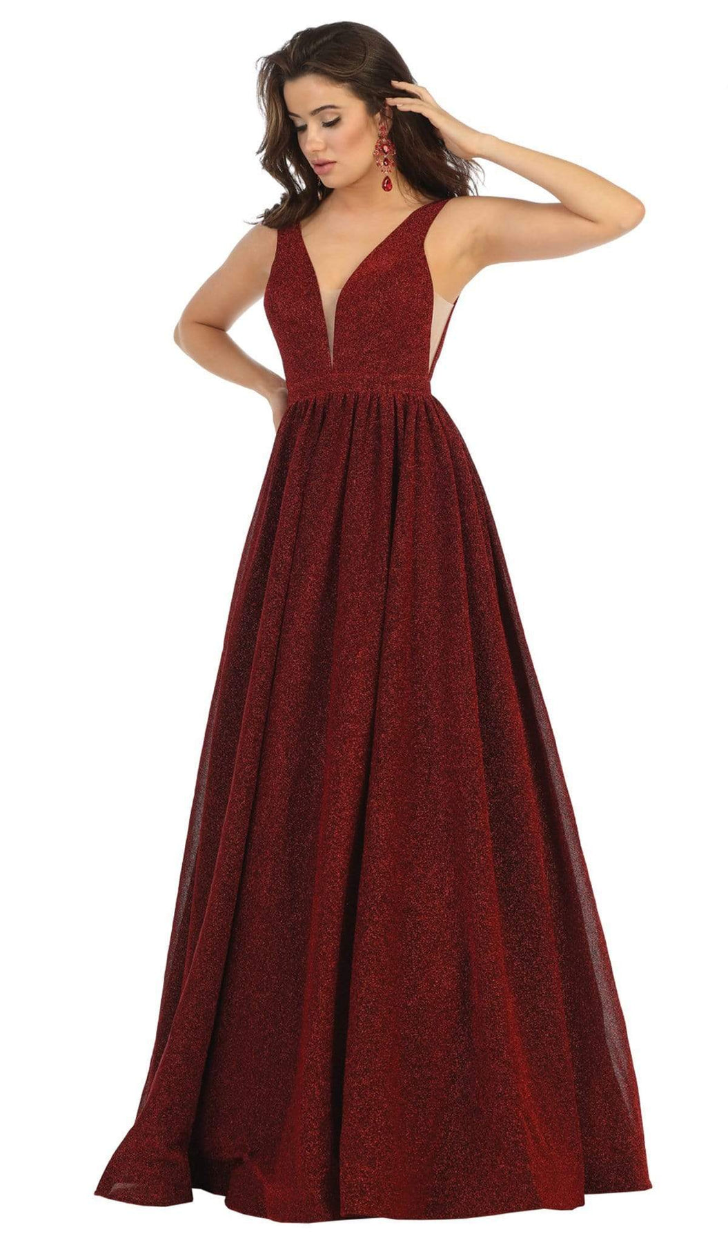 May Queen - RQ7753 Sleeveless Deep V-neck A-line Dress Special Occasion Dress 4 / Burgundy