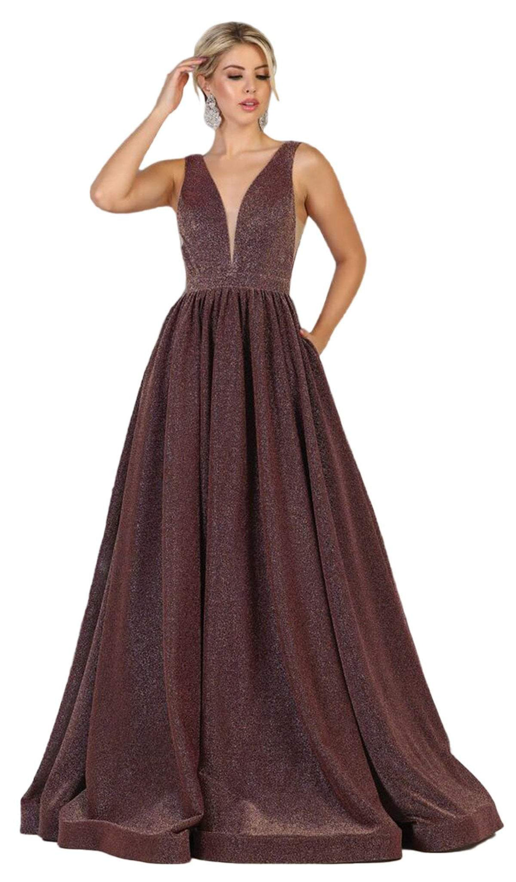 May Queen - RQ7753 Sleeveless Deep V-neck A-line Dress Special Occasion Dress 4 / Mauve/Gold