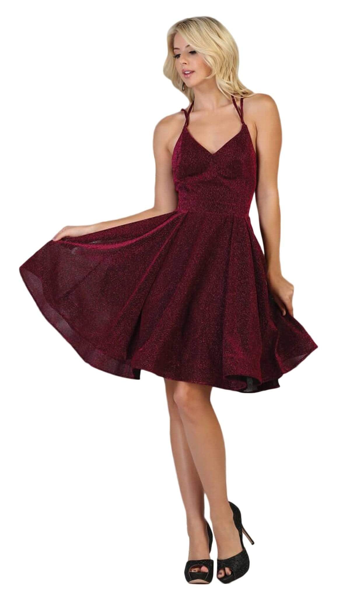 May Queen - RQ7754 Strappy V-Neck Pleated A-Line Dress Cocktail Dresses