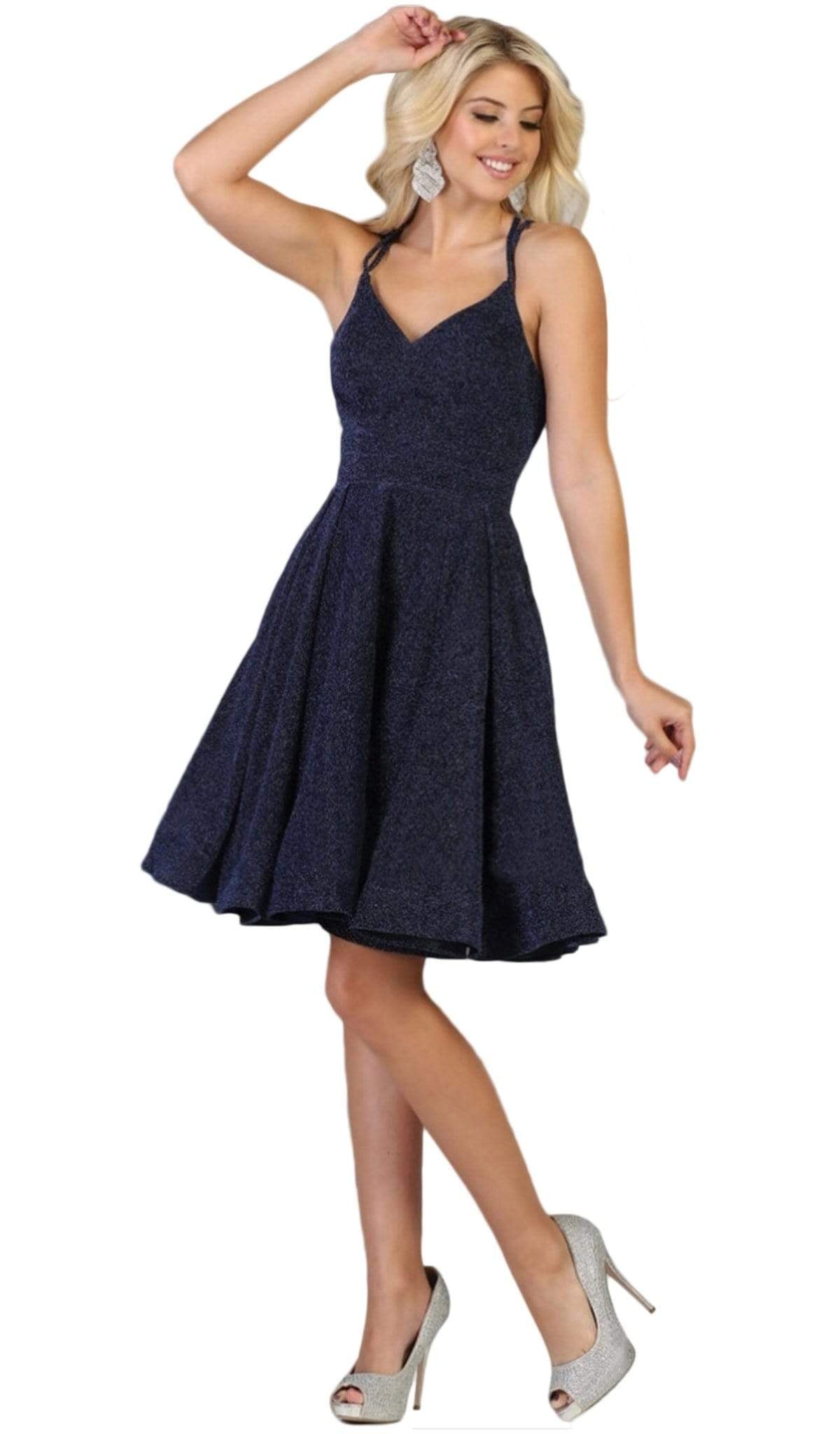 May Queen - RQ7754 Strappy V-Neck Pleated A-Line Dress Cocktail Dresses 4 / Navy