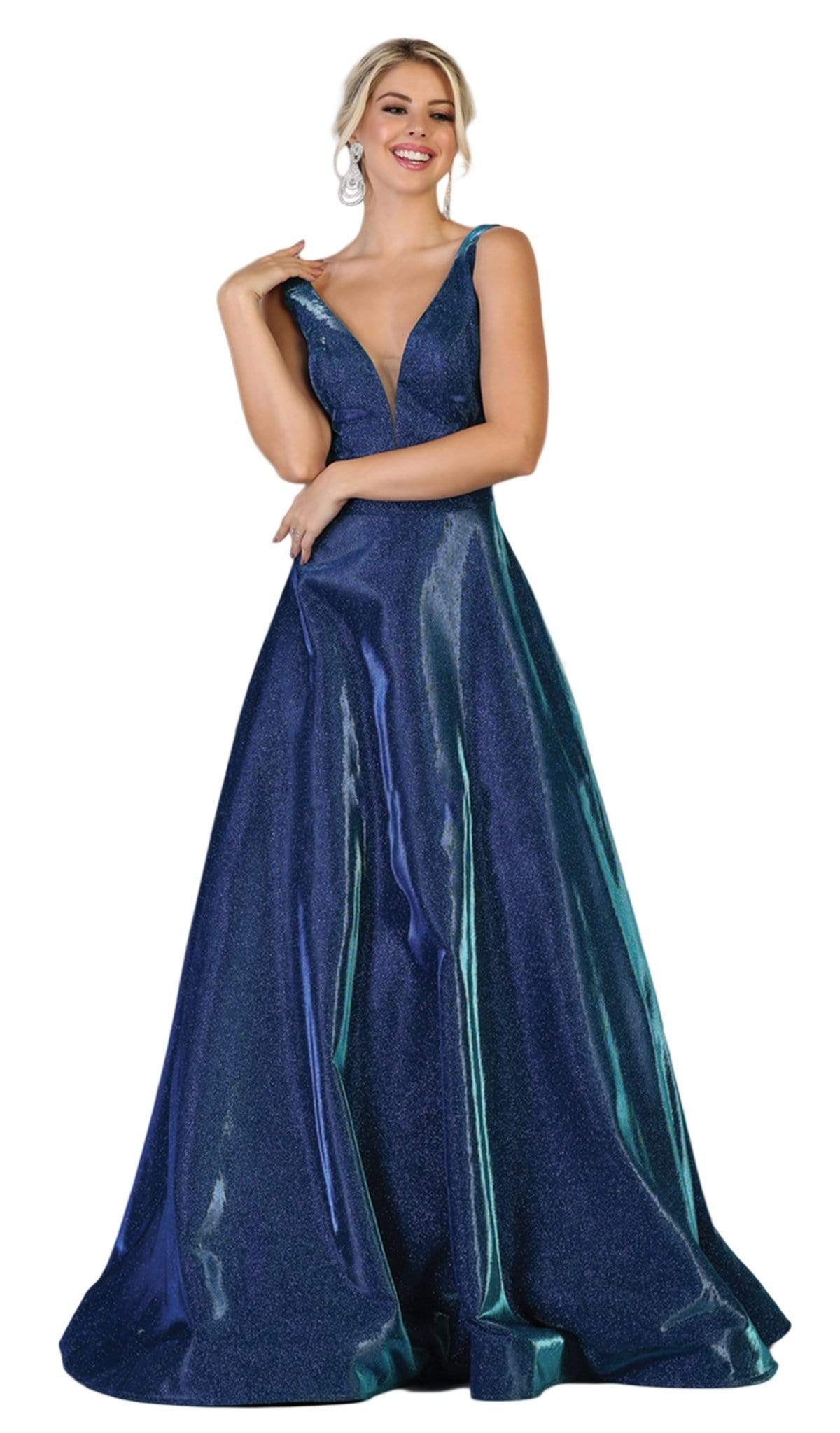 May Queen - RQ7755 Plunging V-Neck A-Line Evening Dress Evening Dresses 4 / Royal