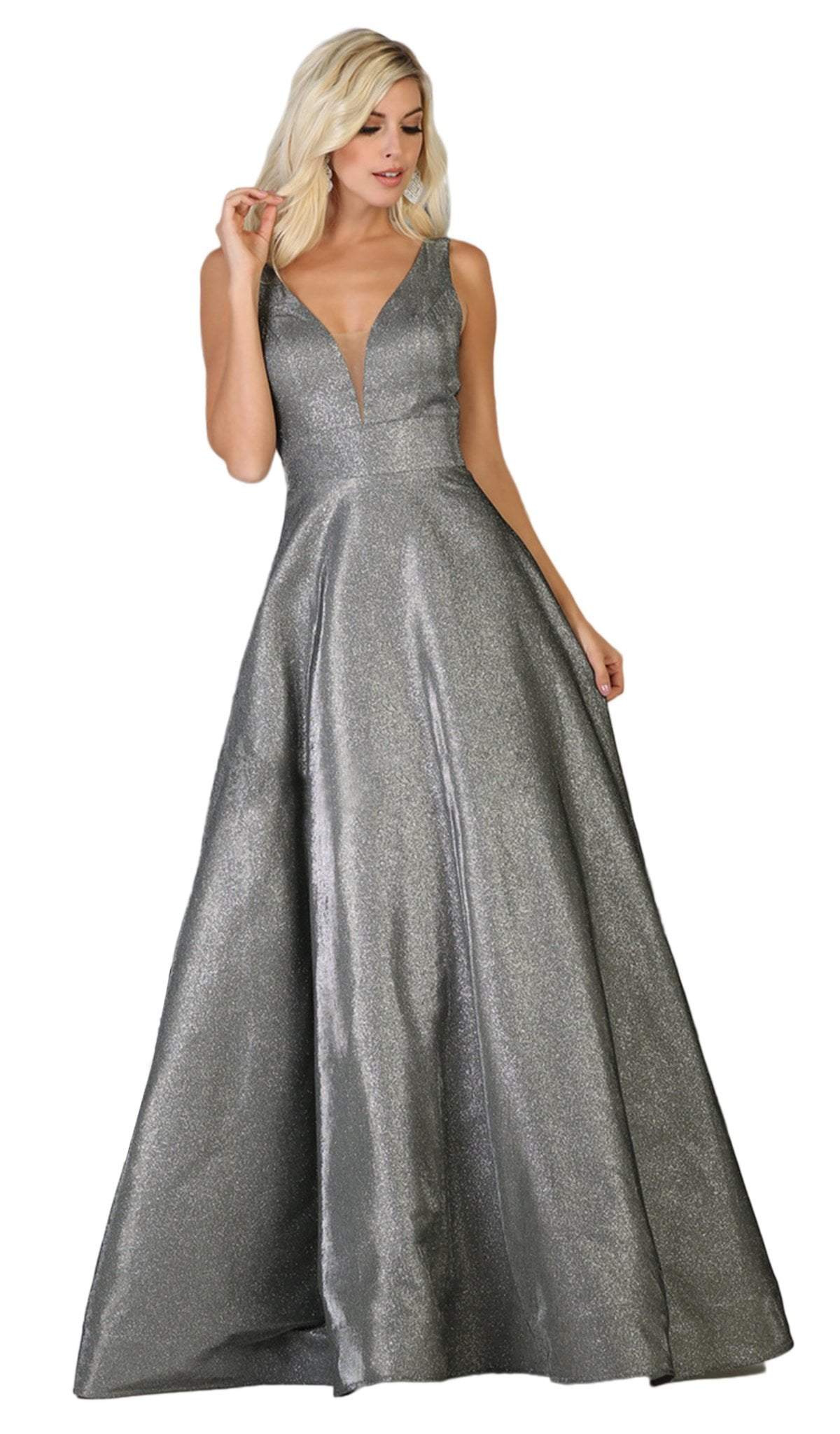 May Queen - RQ7755 Plunging V-Neck A-Line Evening Dress Evening Dresses 4 / Silver