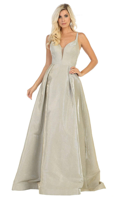 May Queen - RQ7759 Plunging Sweetheart Metallic A-Line Gown Special Occasion Dress 2 / Gold