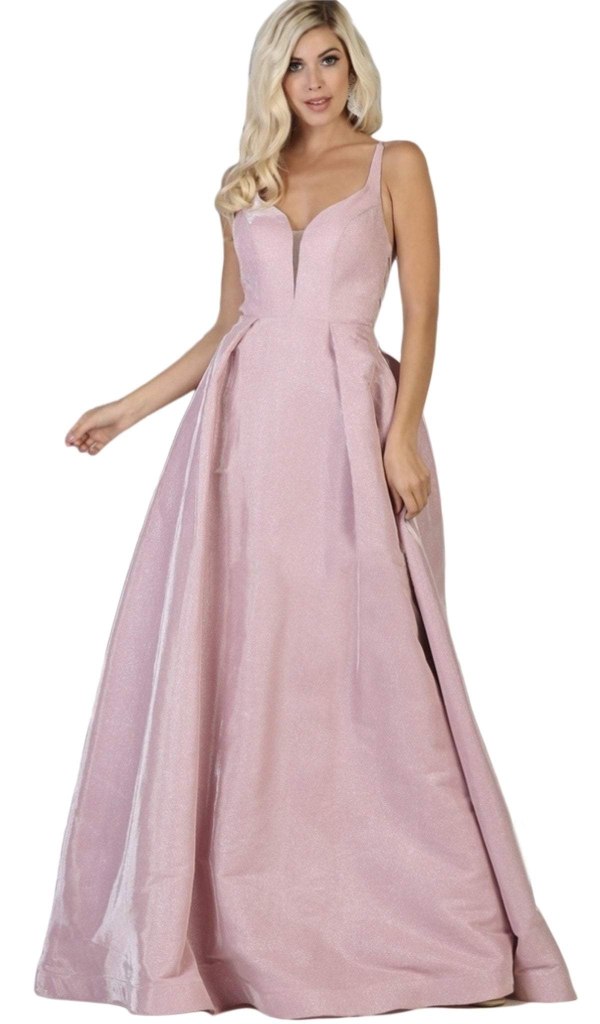 May Queen - RQ7759 Plunging Sweetheart Metallic A-Line Gown Special Occasion Dress 2 / Pink