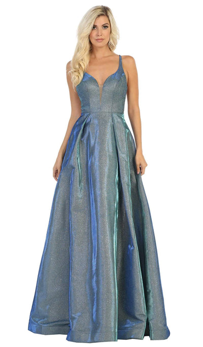 May Queen - RQ7759 Plunging Sweetheart Metallic A-Line Gown Special Occasion Dress 2 / Royal
