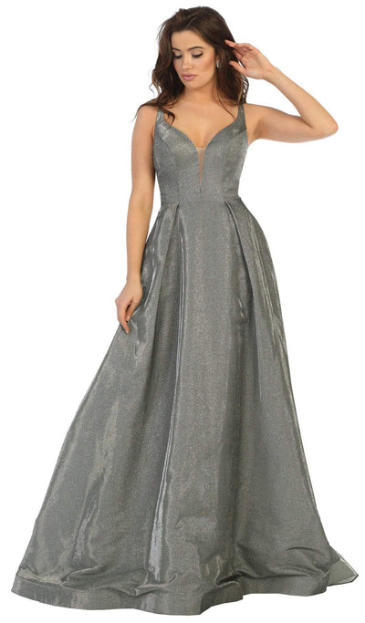 May Queen - RQ7759 Plunging Sweetheart Metallic A-Line Gown Special Occasion Dress 2 / Silver