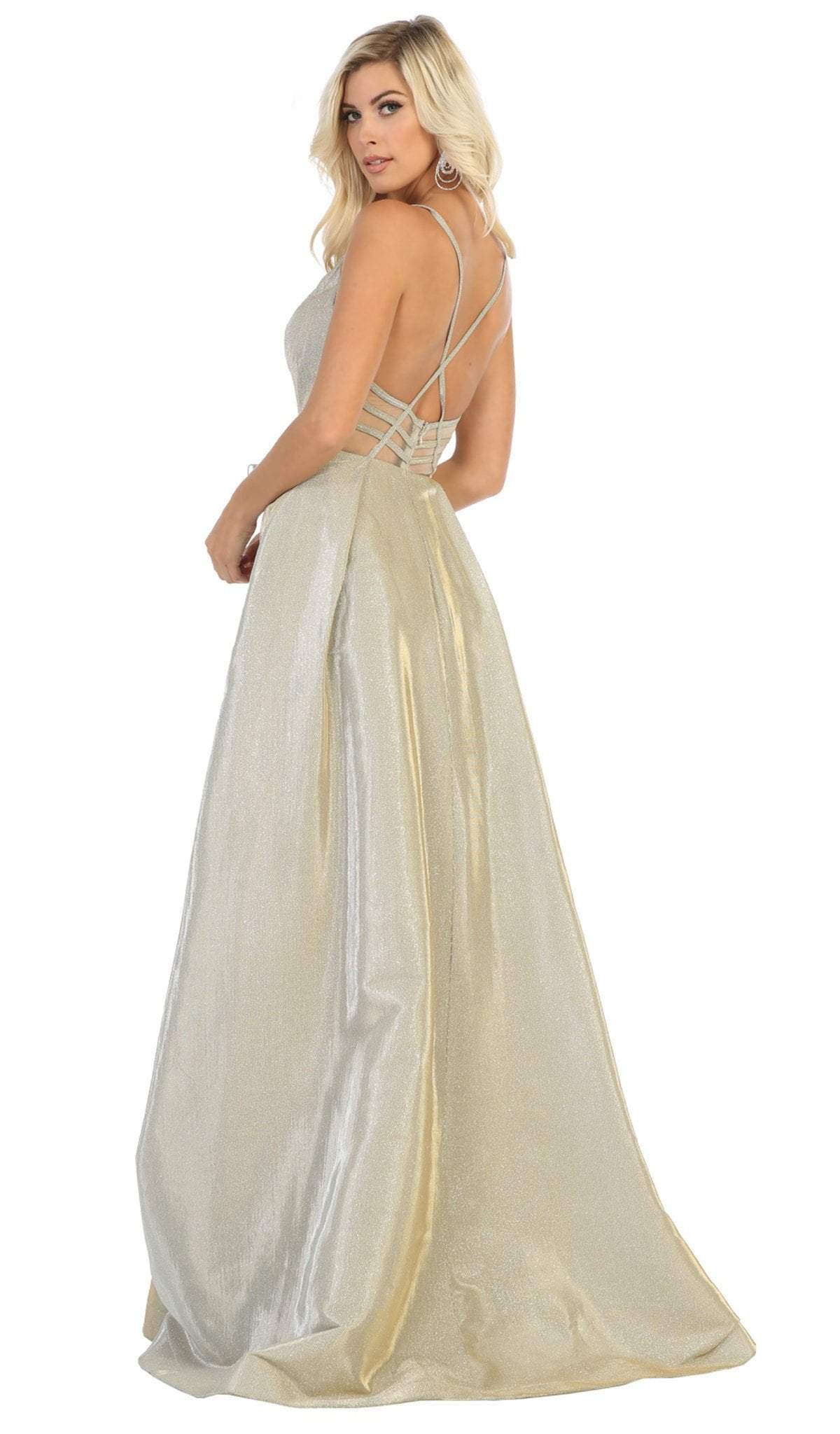 May Queen - RQ7759 Plunging Sweetheart Metallic A-Line Gown Special Occasion Dress
