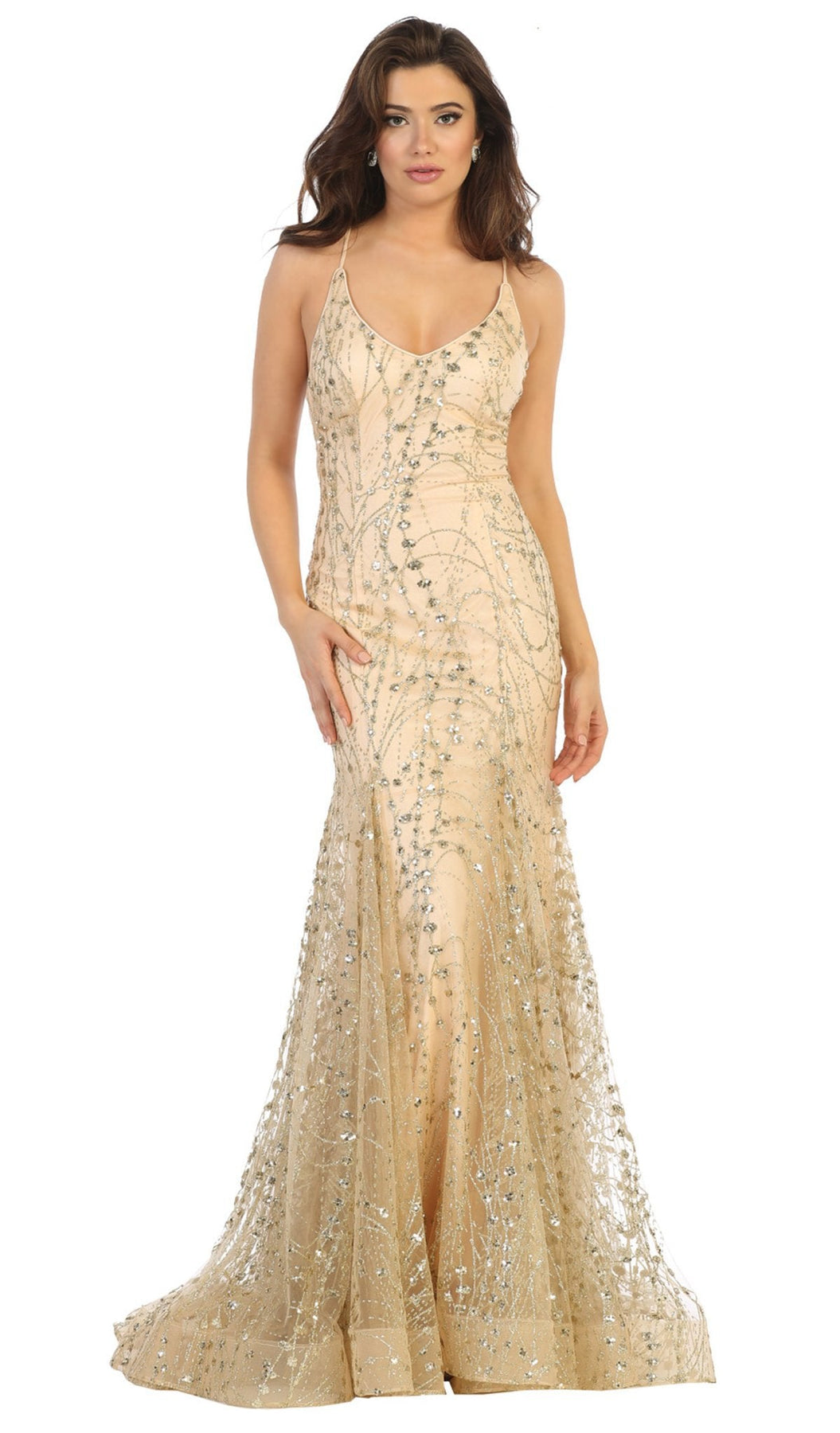 May Queen - RQ7763 Embellished Plunging V-neck Trumpet Dress Special Occasion Dress 2 / Gold