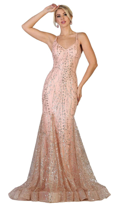 May Queen - RQ7763 Embellished Plunging V-neck Trumpet Dress Special Occasion Dress 2 / Rosegold