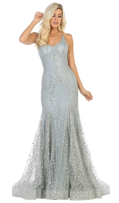 May Queen - RQ7763 Embellished Plunging V-neck Trumpet Dress Special Occasion Dress 2 / Silver