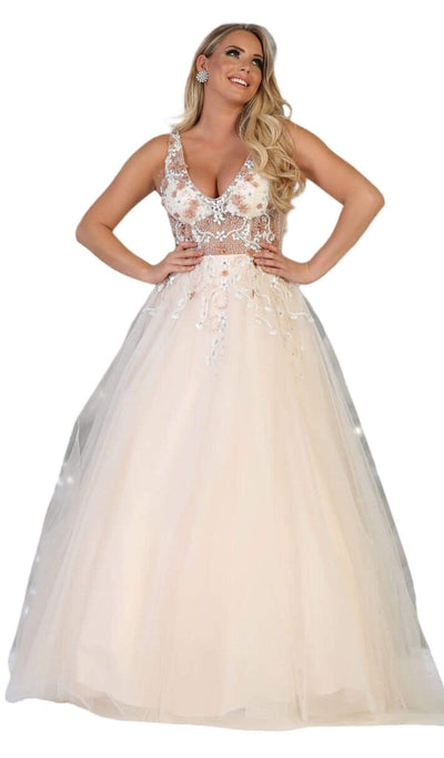 May Queen - RQ7765 Bead Embellished Illusion A-Line Gown Special Occasion Dress 4 / Ivory/Blush