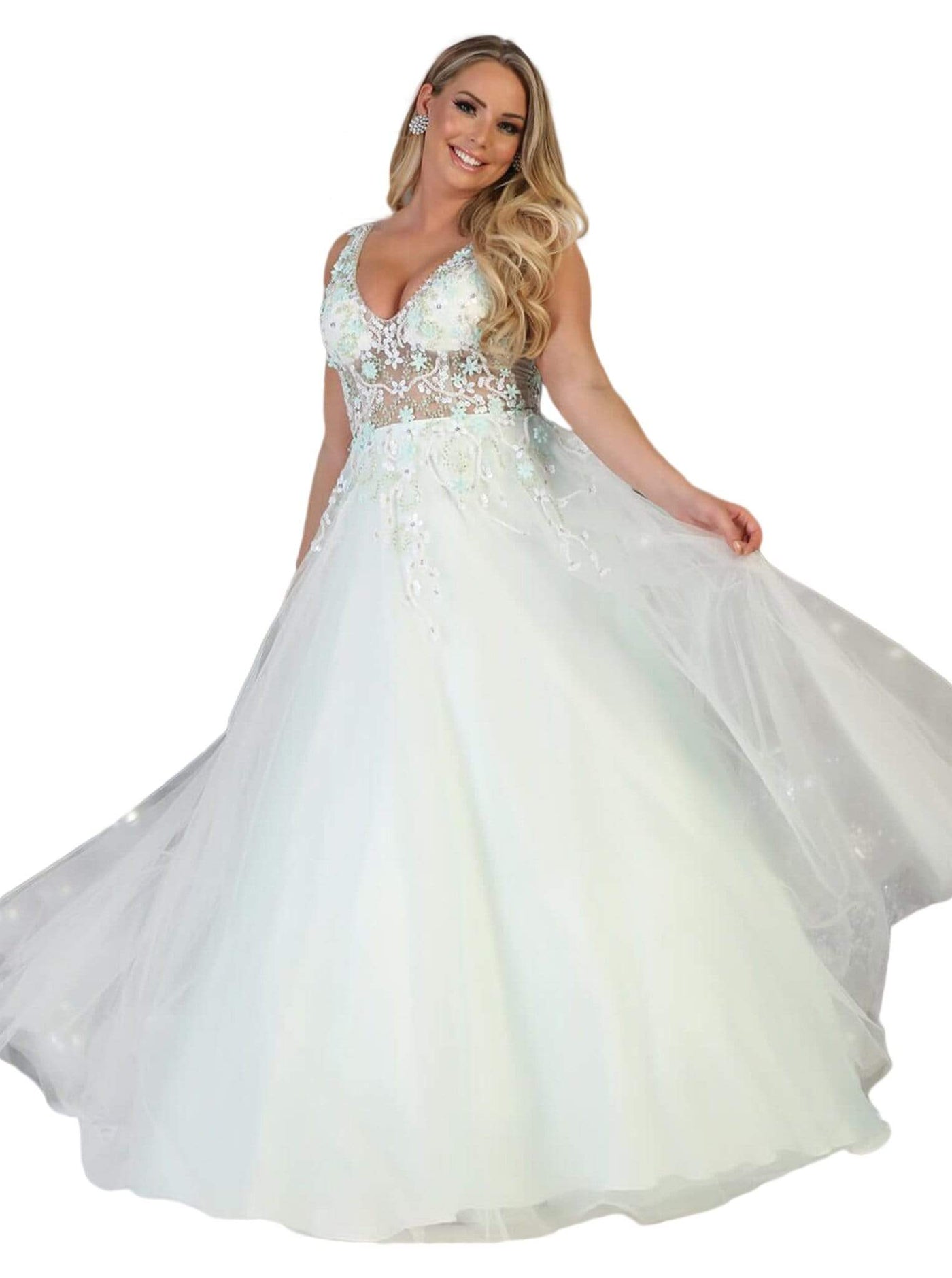 May Queen - RQ7765 Bead Embellished Illusion A-Line Gown Special Occasion Dress 4 / Ivory/Mint